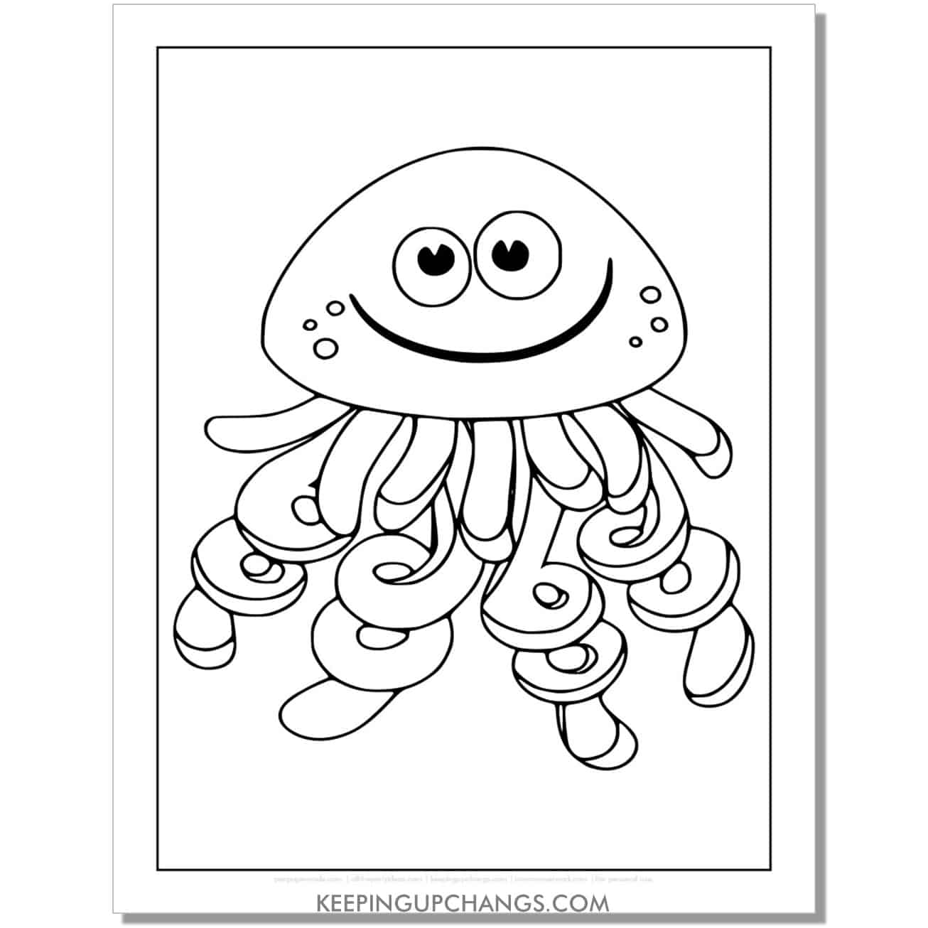 free happy jellyfish coloring page, sheet for preschool, toddlers.