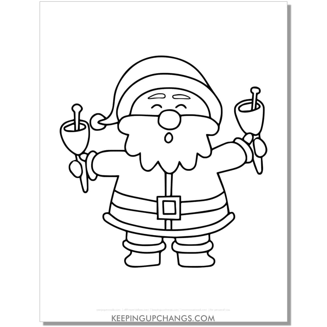 free santa with jingle bells outline, template, cut out, coloring page.