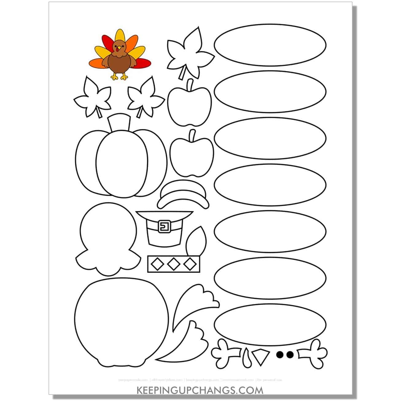easy build a turkey template for kindergarten with feathers, body, hat, accessories in black and white.