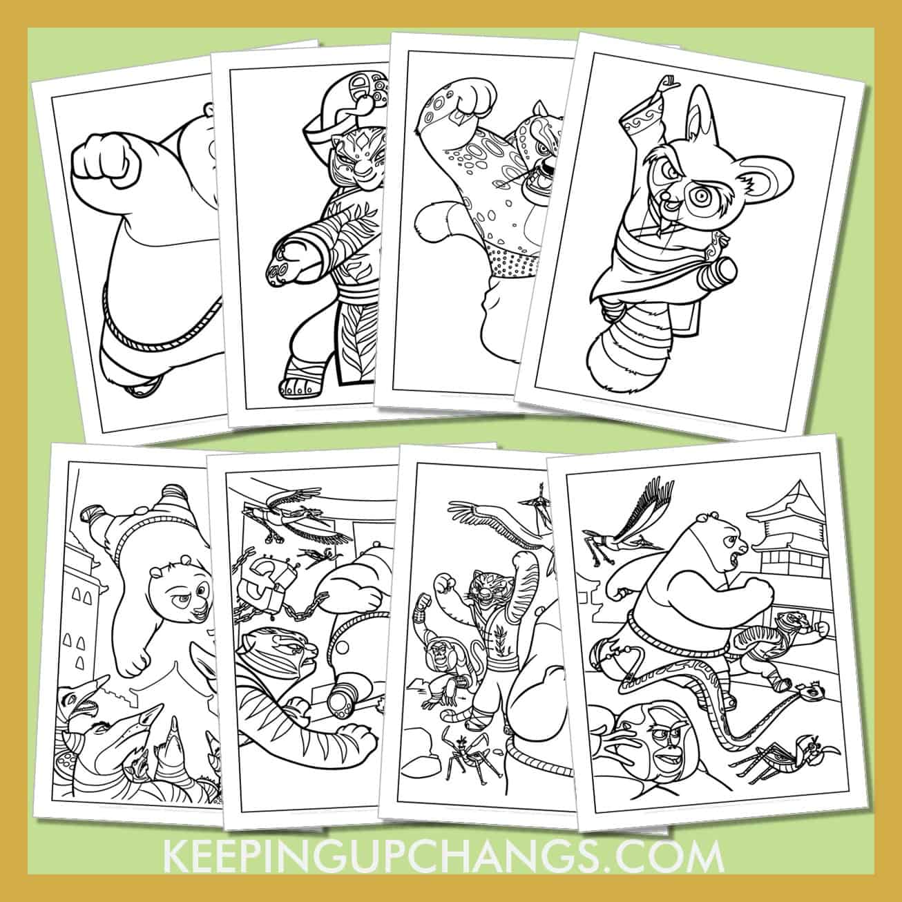 kung fu colouring sheets including po, tigress, master shifu, tai lung, crane, monkey and more.
