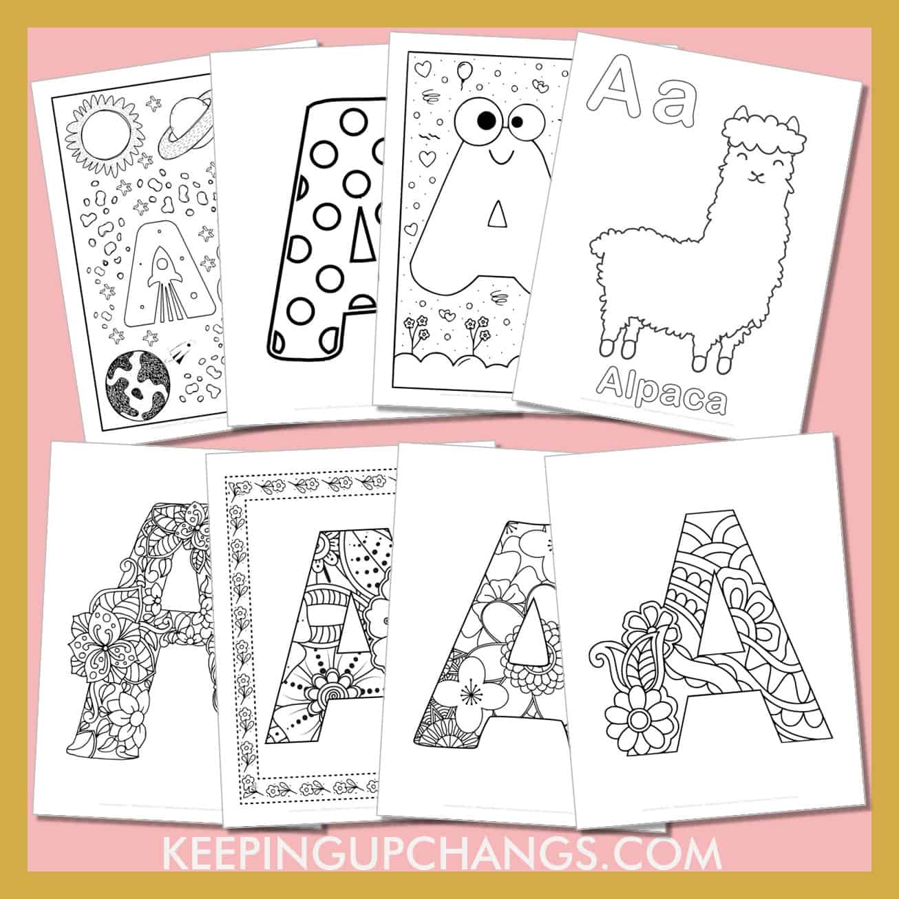 free alphabet letter a to color for toddlers, preschool, kindergarten, to adults.
