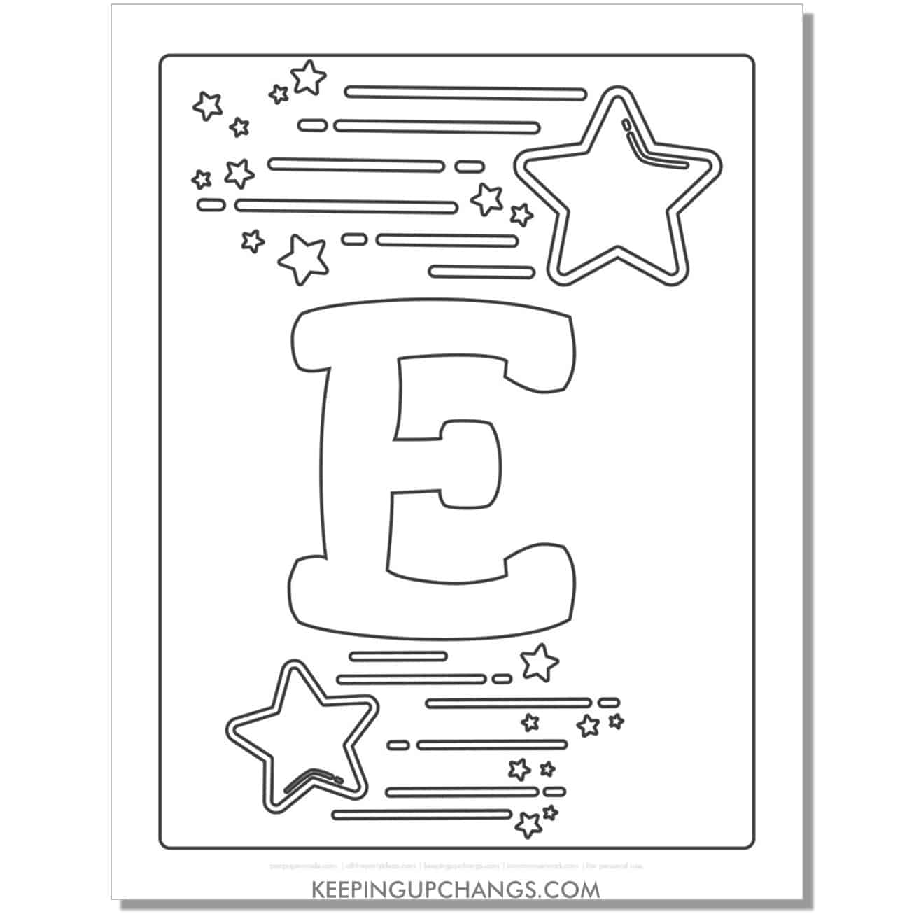 cool letter e to color with stars, space theme.