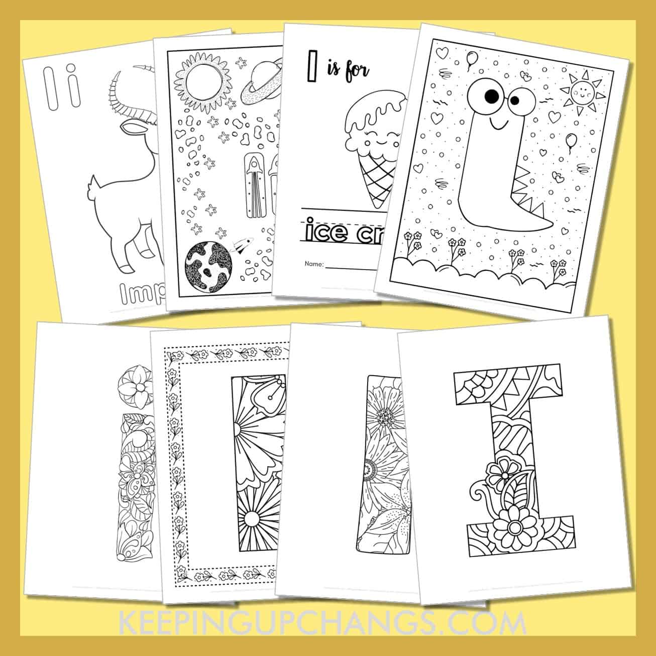 free alphabet letter i to color for toddlers, preschool, kindergarten, to adults.