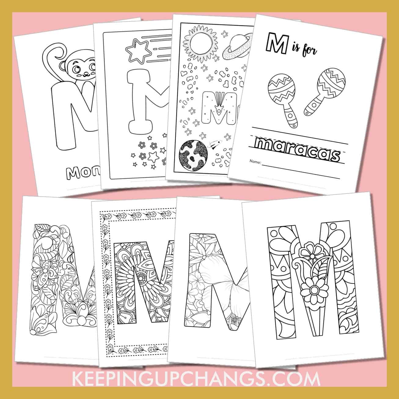 free alphabet letter m to color for toddlers, preschool, kindergarten, to adults.