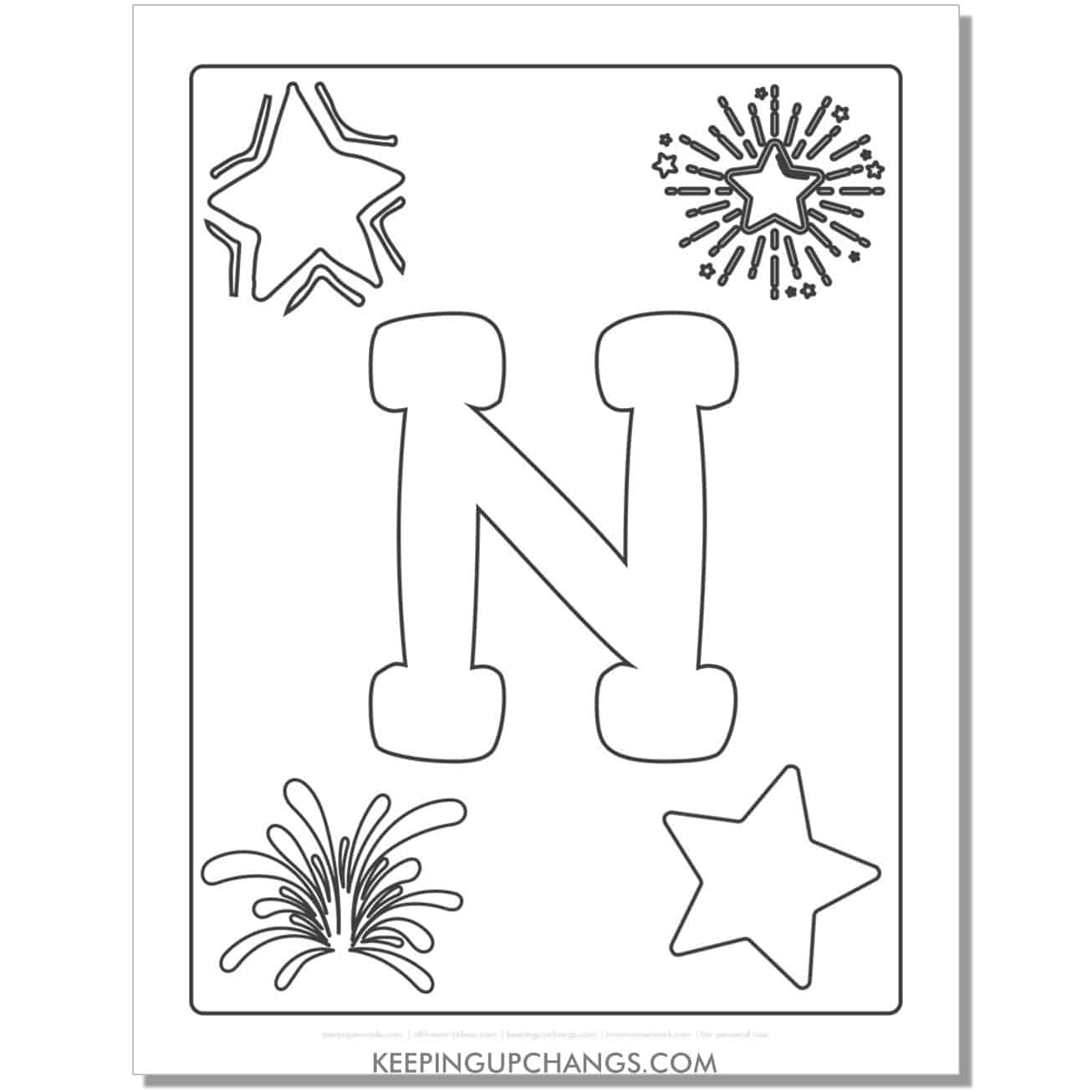 cool letter n to color with stars, space theme.