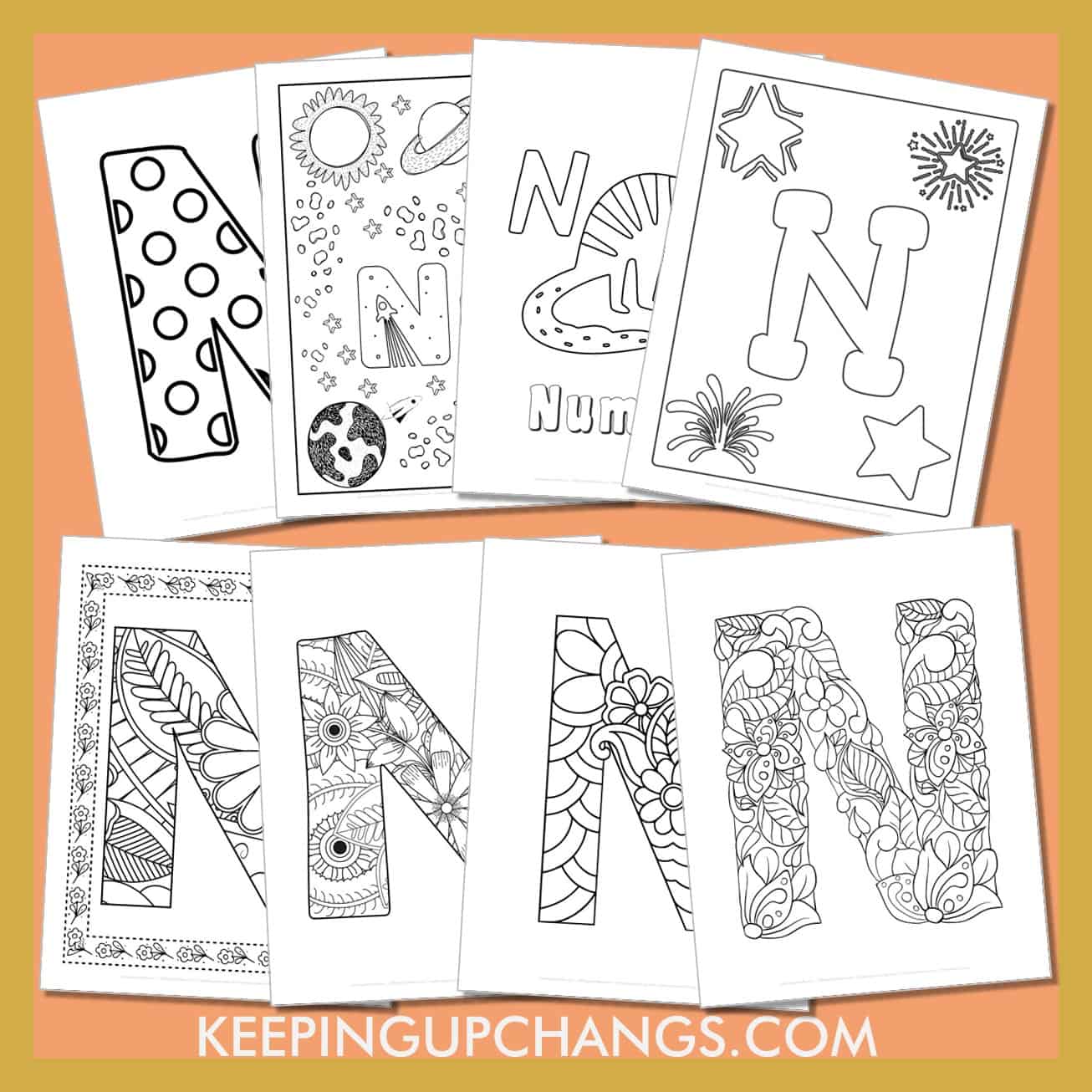 free alphabet letter n to color for toddlers, preschool, kindergarten, to adults.
