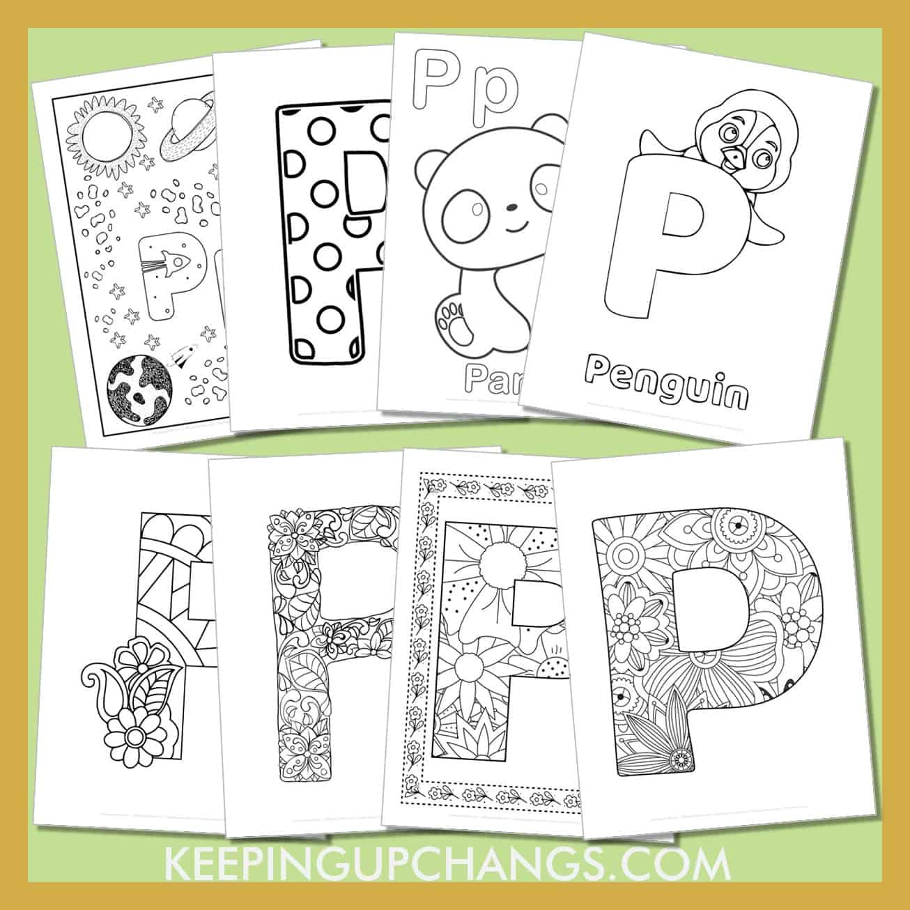 free alphabet letter p to color for toddlers, preschool, kindergarten, to adults.