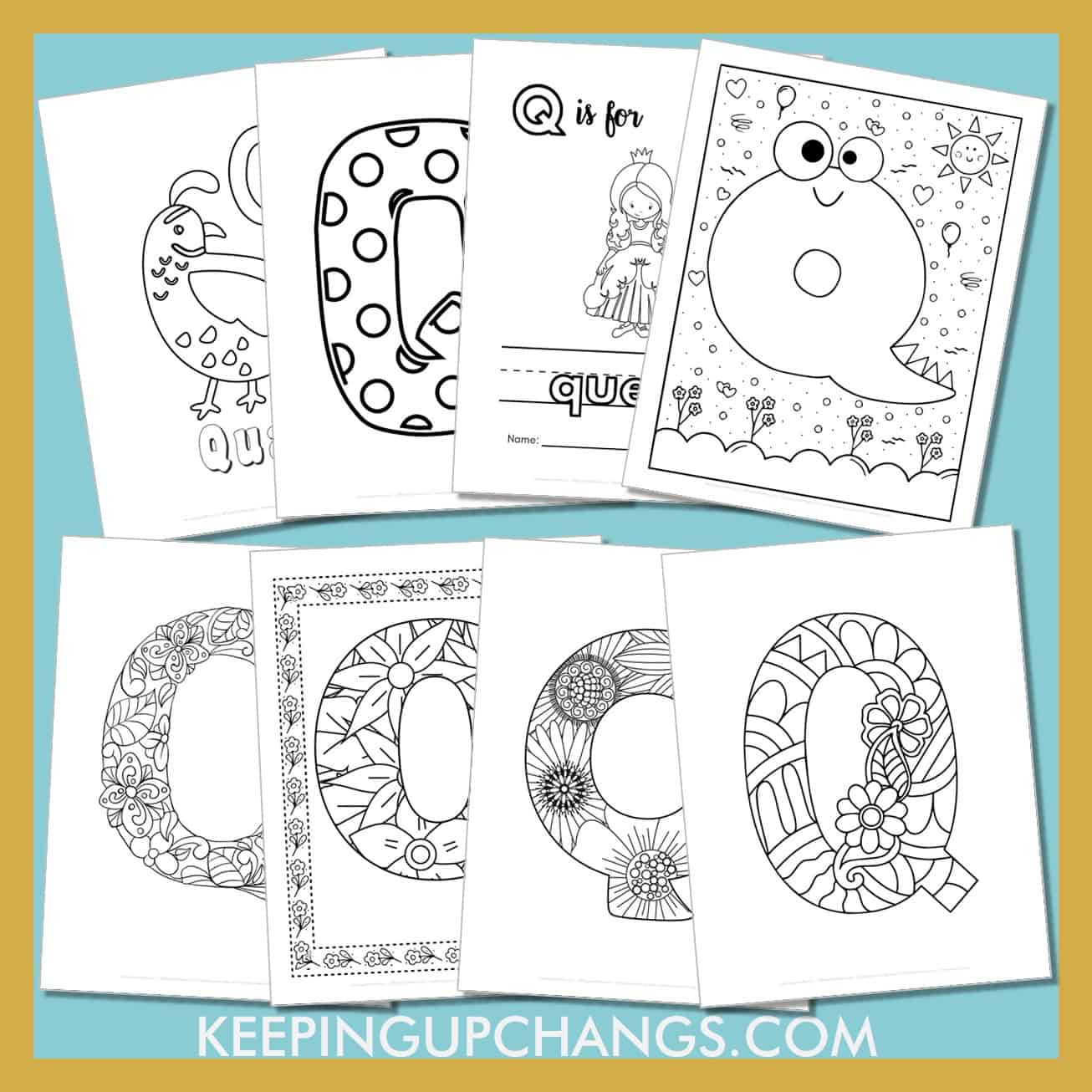 free alphabet letter q to color for toddlers, preschool, kindergarten, to adults.