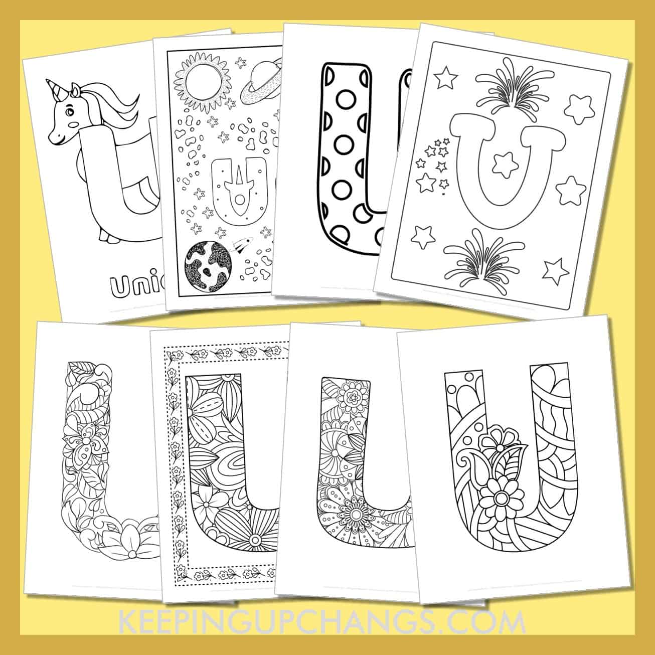 free alphabet letter u to color for toddlers, preschool, kindergarten, to adults.