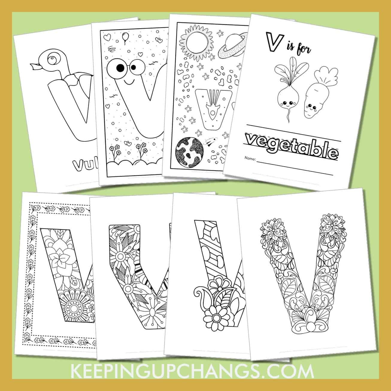 free alphabet letter v to color for toddlers, preschool, kindergarten, to adults.