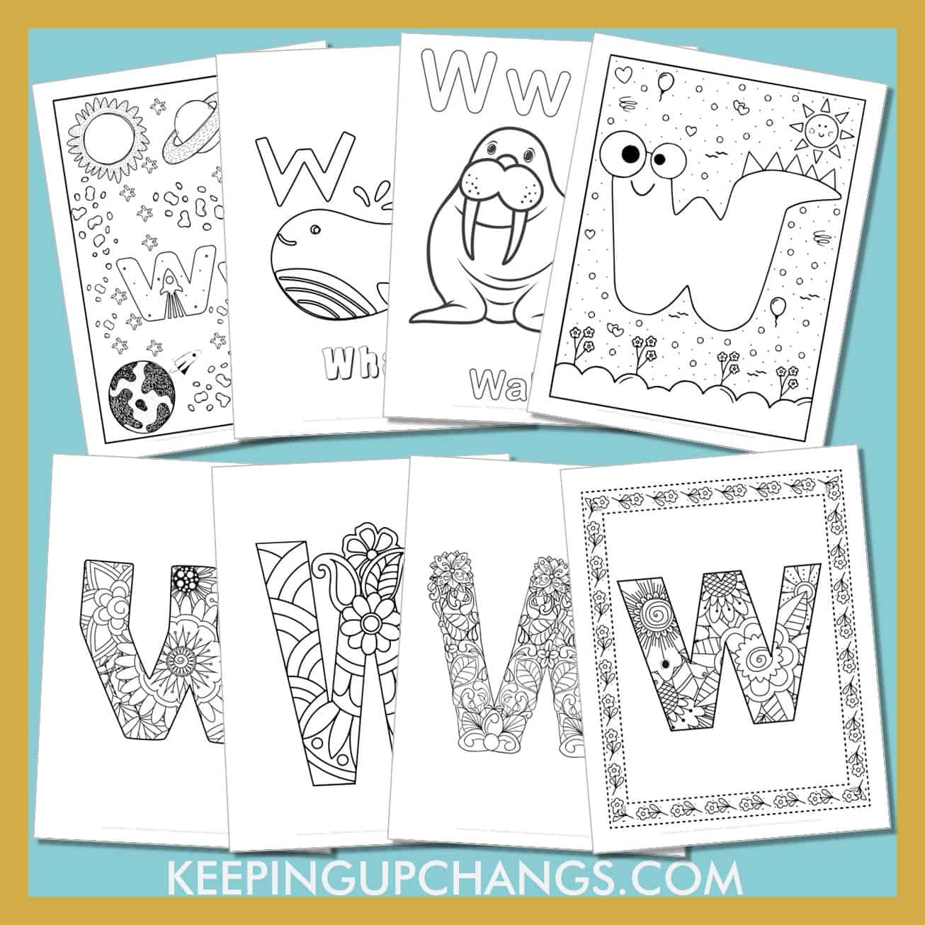 free alphabet letter w to color for toddlers, preschool, kindergarten, to adults.