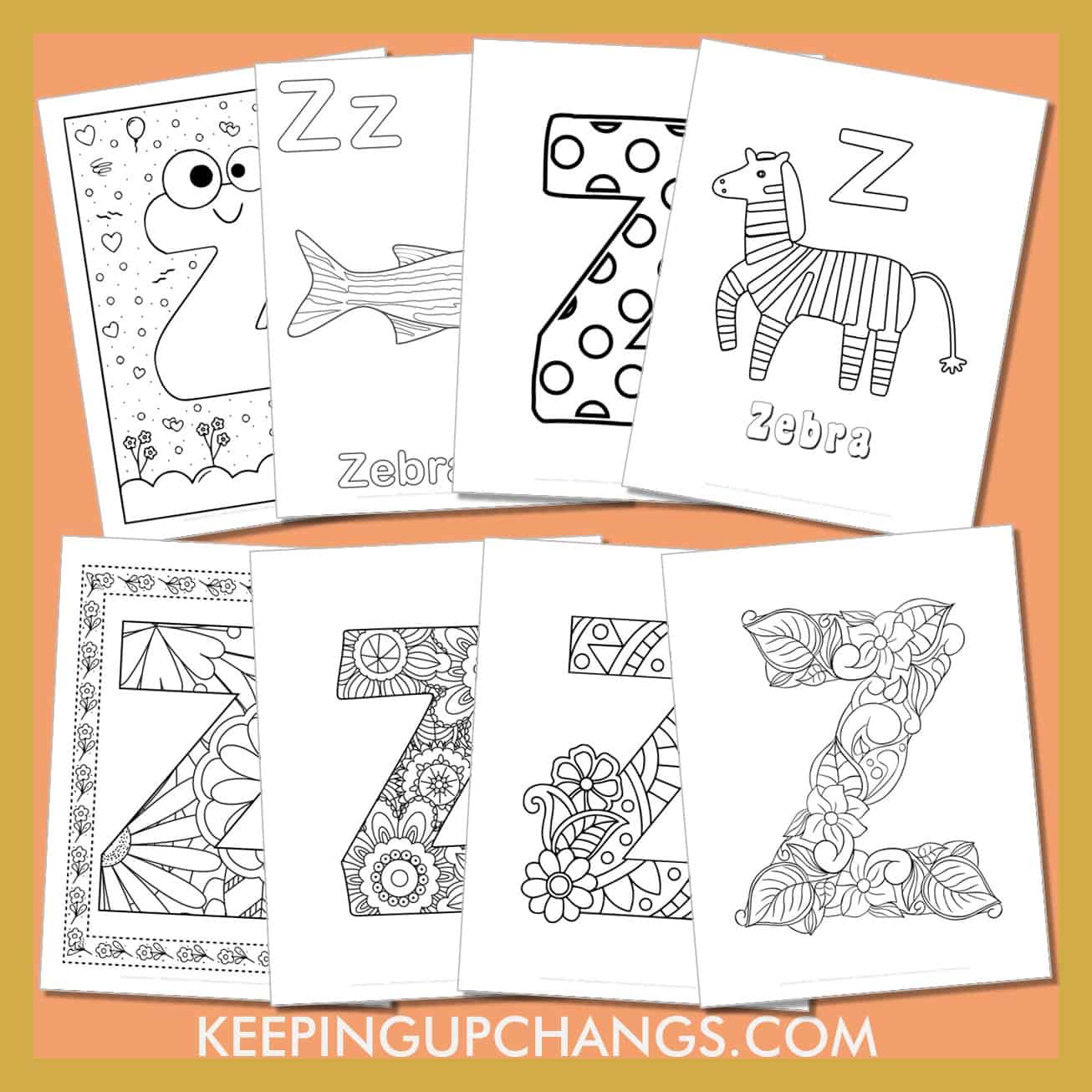 free alphabet letter z to color for toddlers, preschool, kindergarten, to adults.