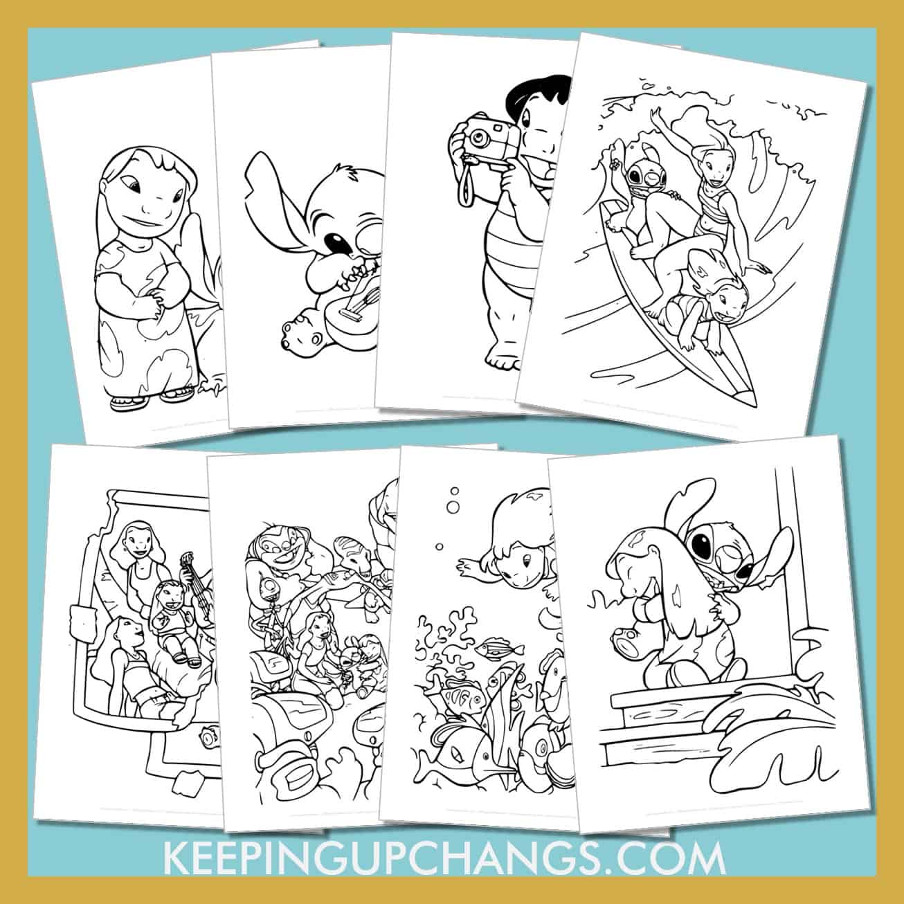 lilo and stitch colouring sheets including surfing, beach, hula, family ohana, and more.