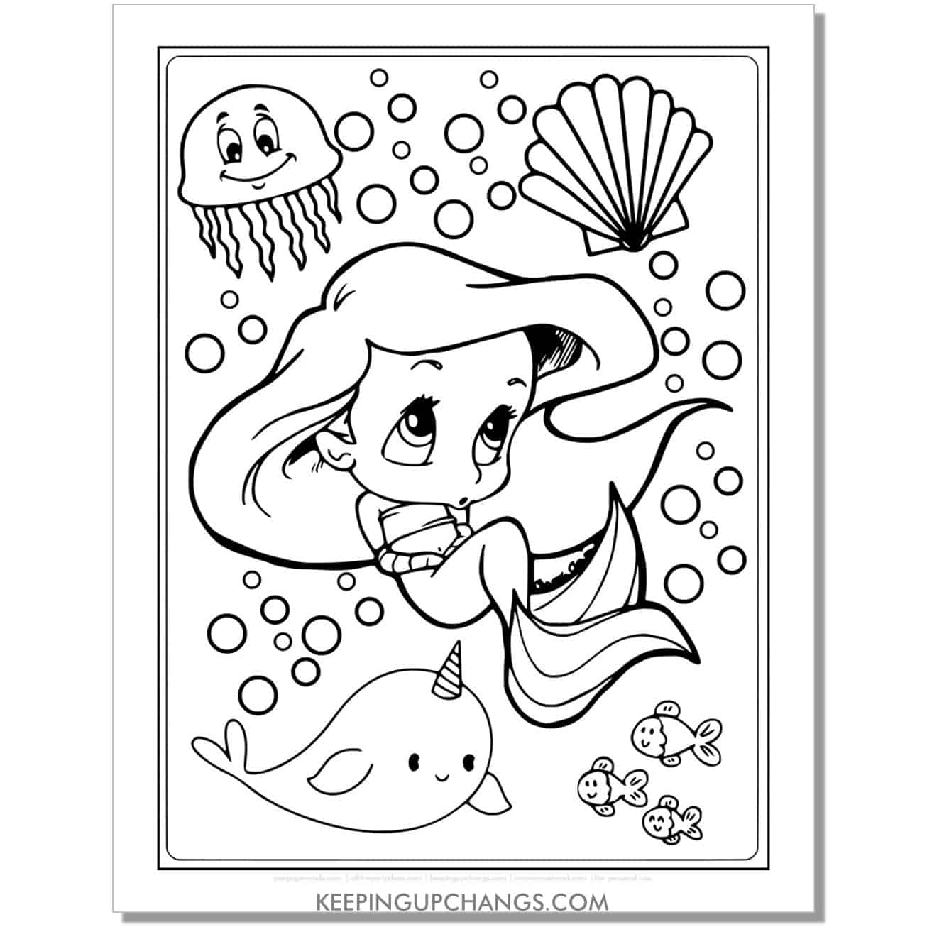 cute, chibi, kawaii baby little mermaid ariel coloring page, sheet.