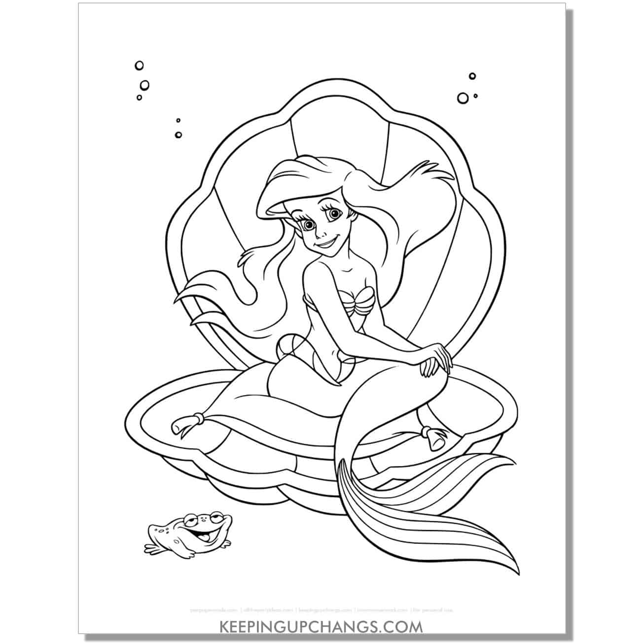 little mermaid ariel sitting in clamshell coloring page, sheet.