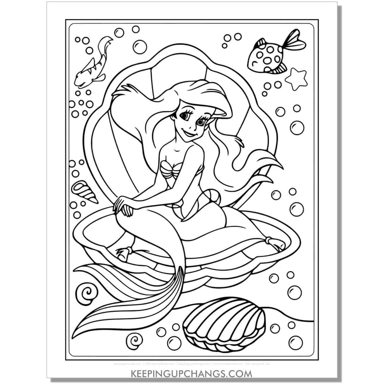 little mermaid ariel in oyster shell coloring page, sheet.