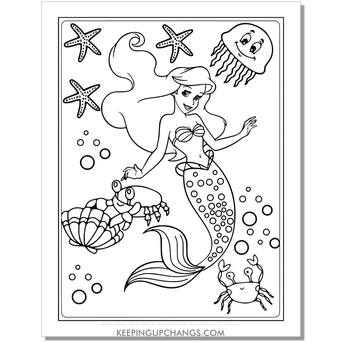 little mermaid ariel with crab, clamshell coloring page, sheet.
