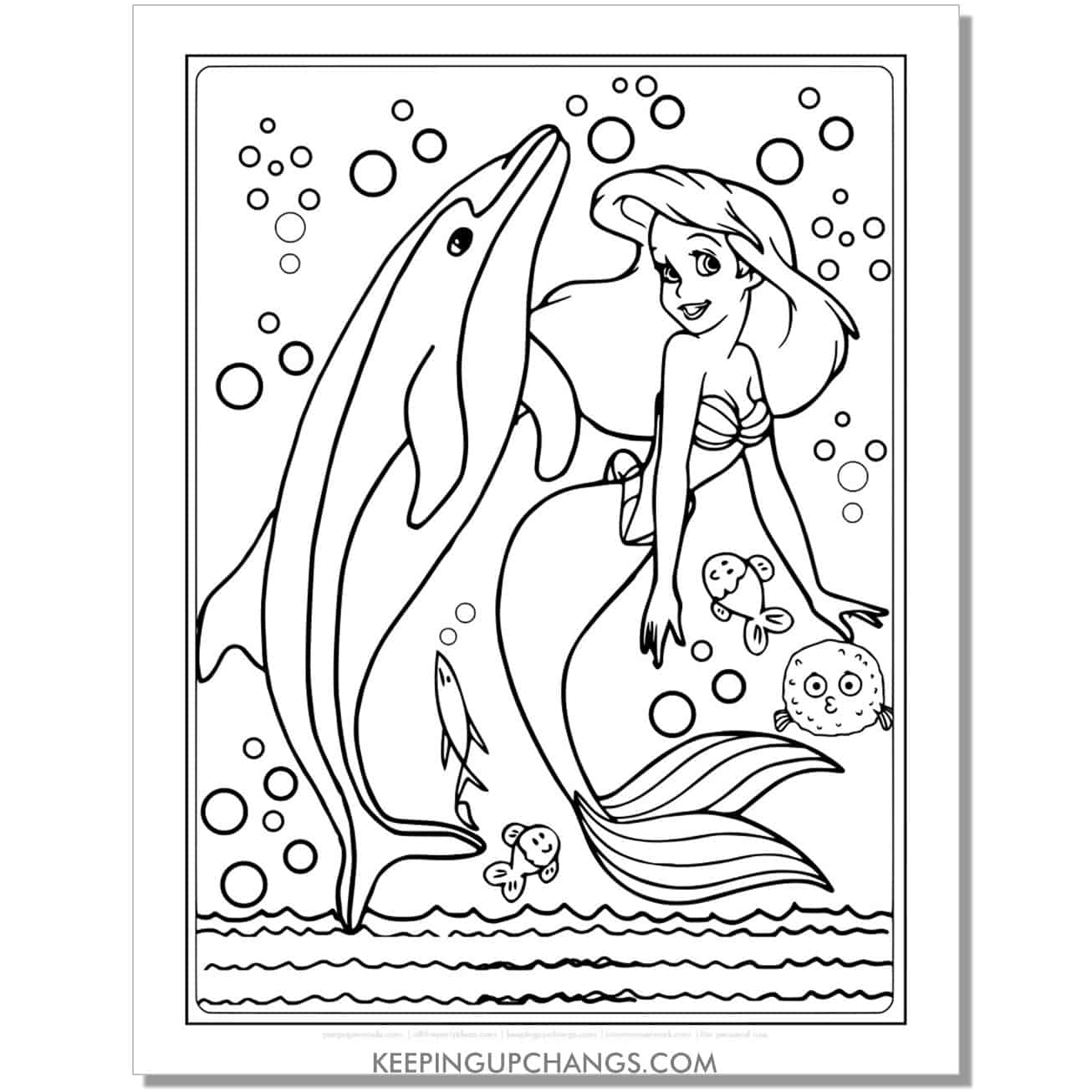 little mermaid ariel dancing with dolphin coloring page, sheet.