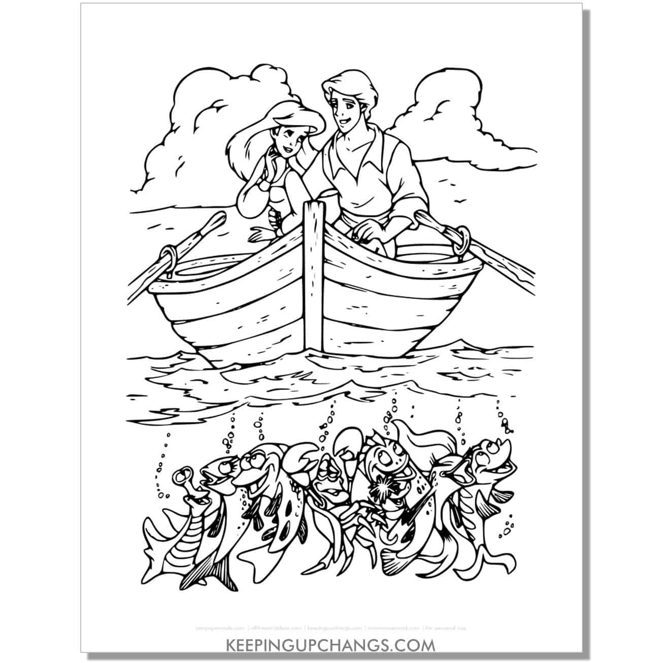little mermaid ariel on boat with prince eric coloring page, sheet.