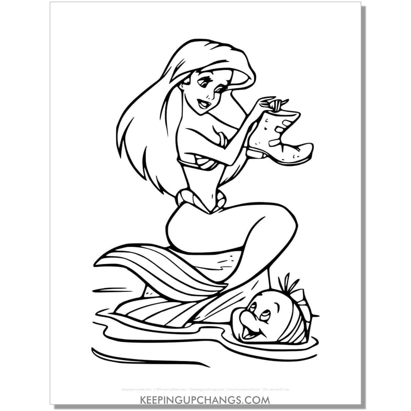 little mermaid ariel, flounder find old boot coloring page, sheet.