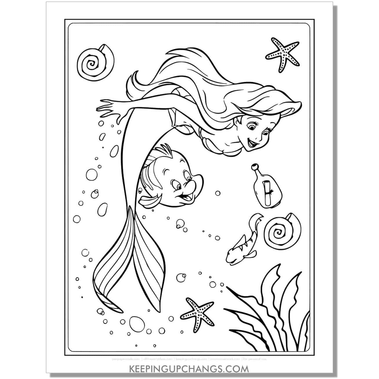 little mermaid ariel, flounder find message in bottle coloring page, sheet.