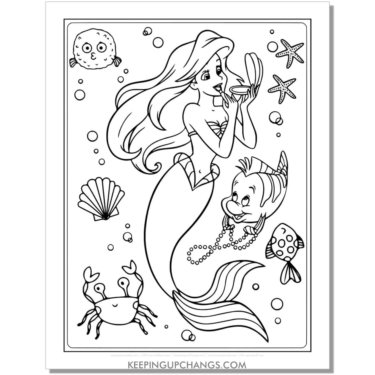 little mermaid ariel applying make up lipstick coloring page, sheet.