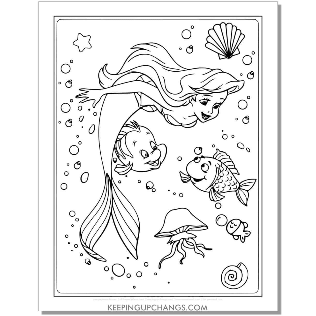 little mermaid ariel, flounder meet fish coloring page, sheet.
