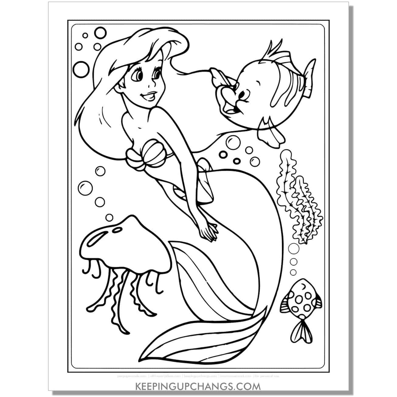little mermaid ariel, flounder and seaweed coloring page, sheet.