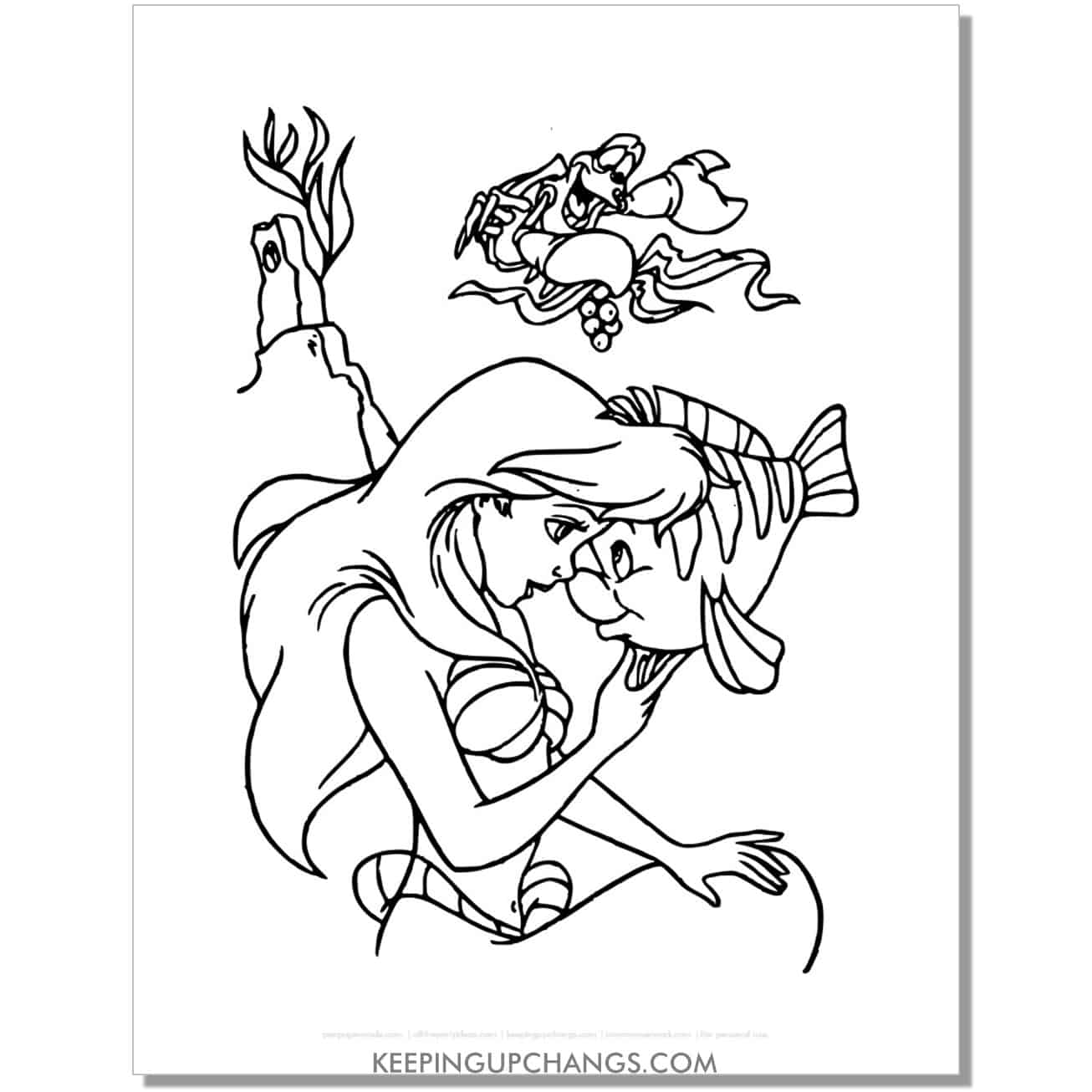 little mermaid ariel with flounder, sebastian coloring page, sheet.