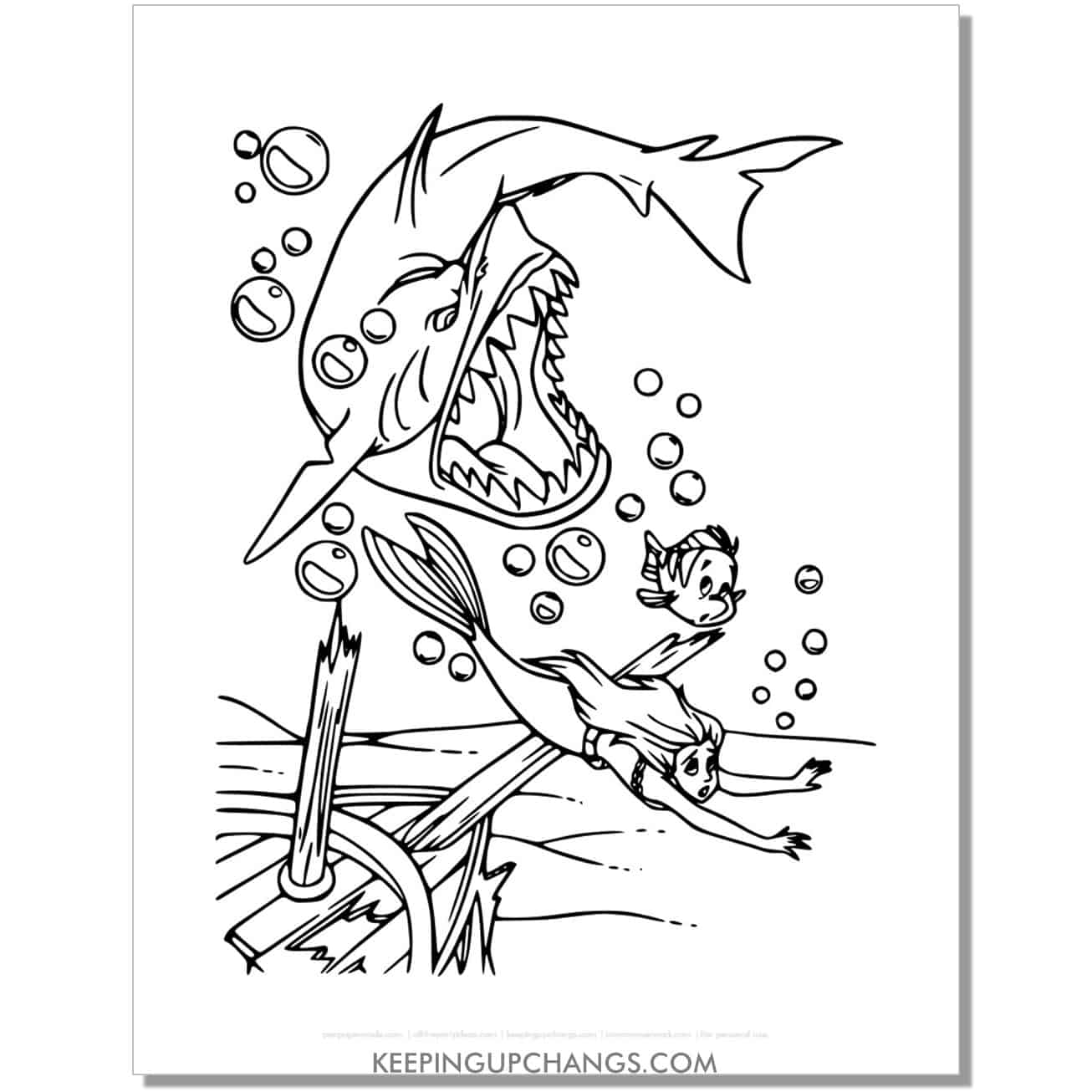 little mermaid ariel, flounder escape shark coloring page, sheet.