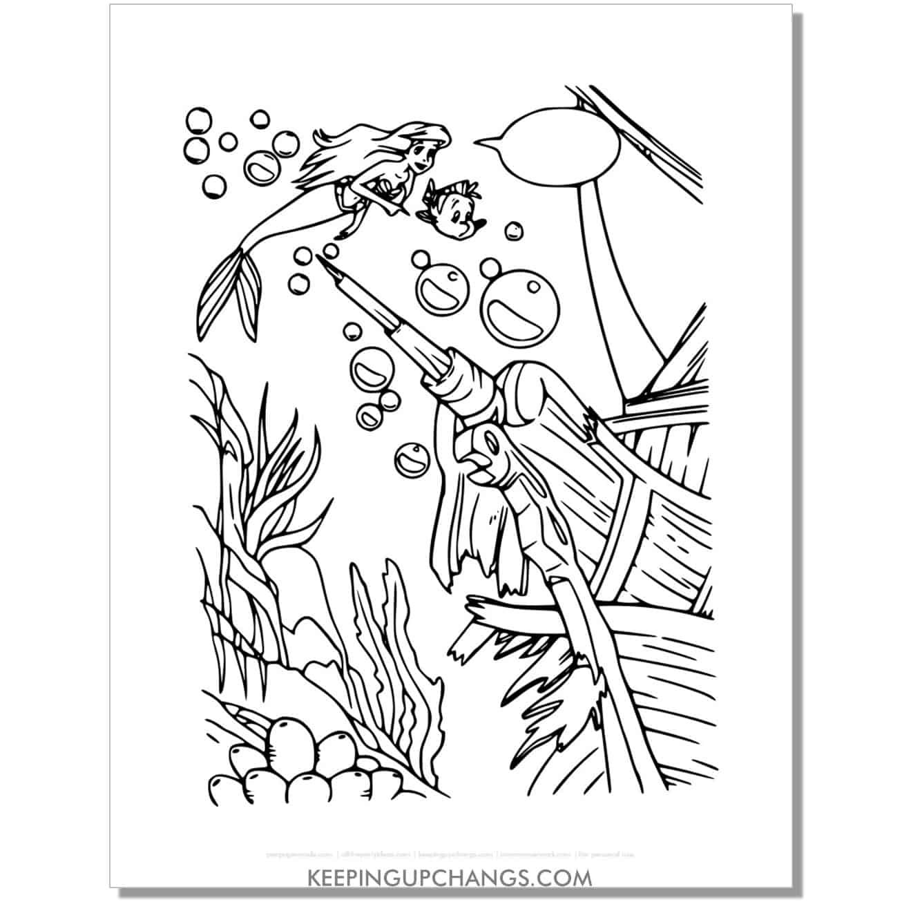 little mermaid ariel, flounder find shipwreck coloring page, sheet.