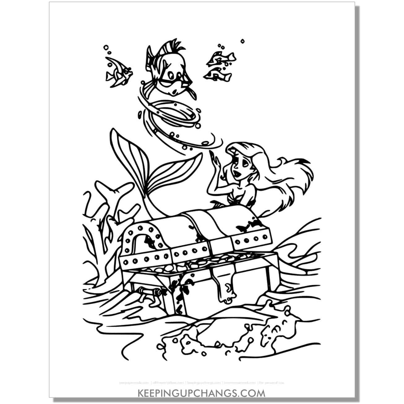 little mermaid ariel, flounder find treasure chest coloring page, sheet.