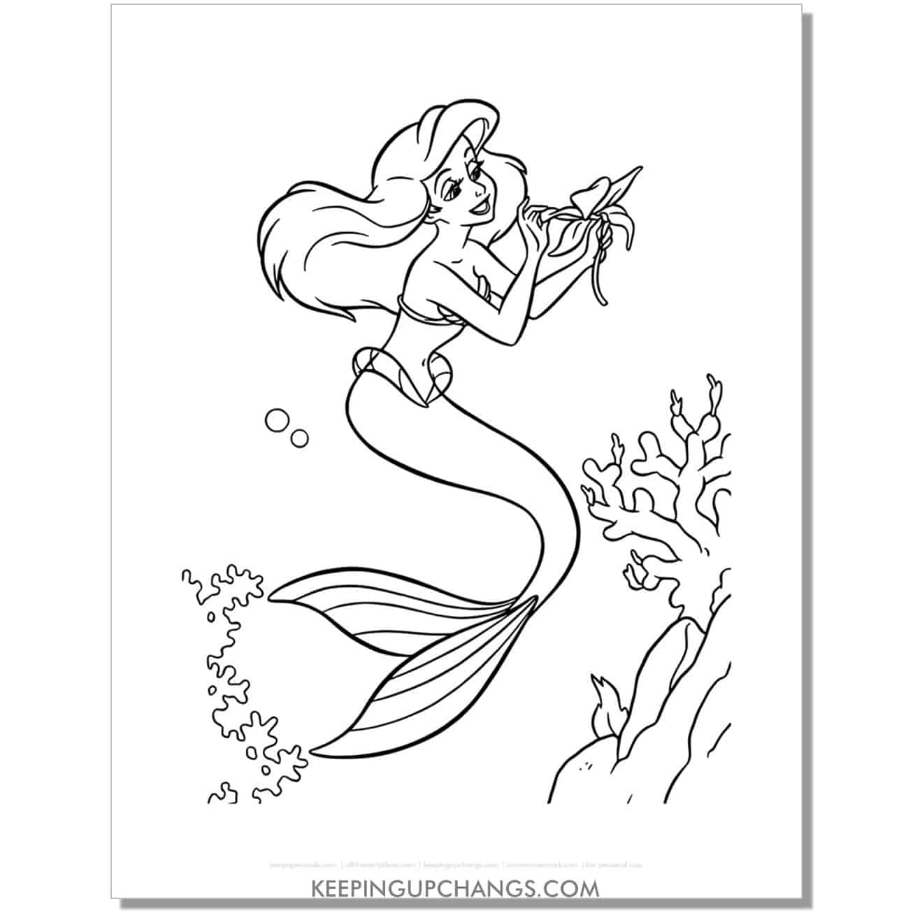 little mermaid ariel with flower coloring page, sheet.
