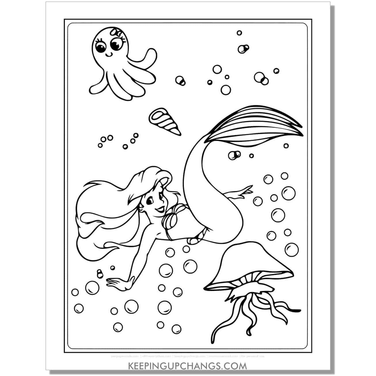 little mermaid ariel playfully swimming coloring page, sheet.