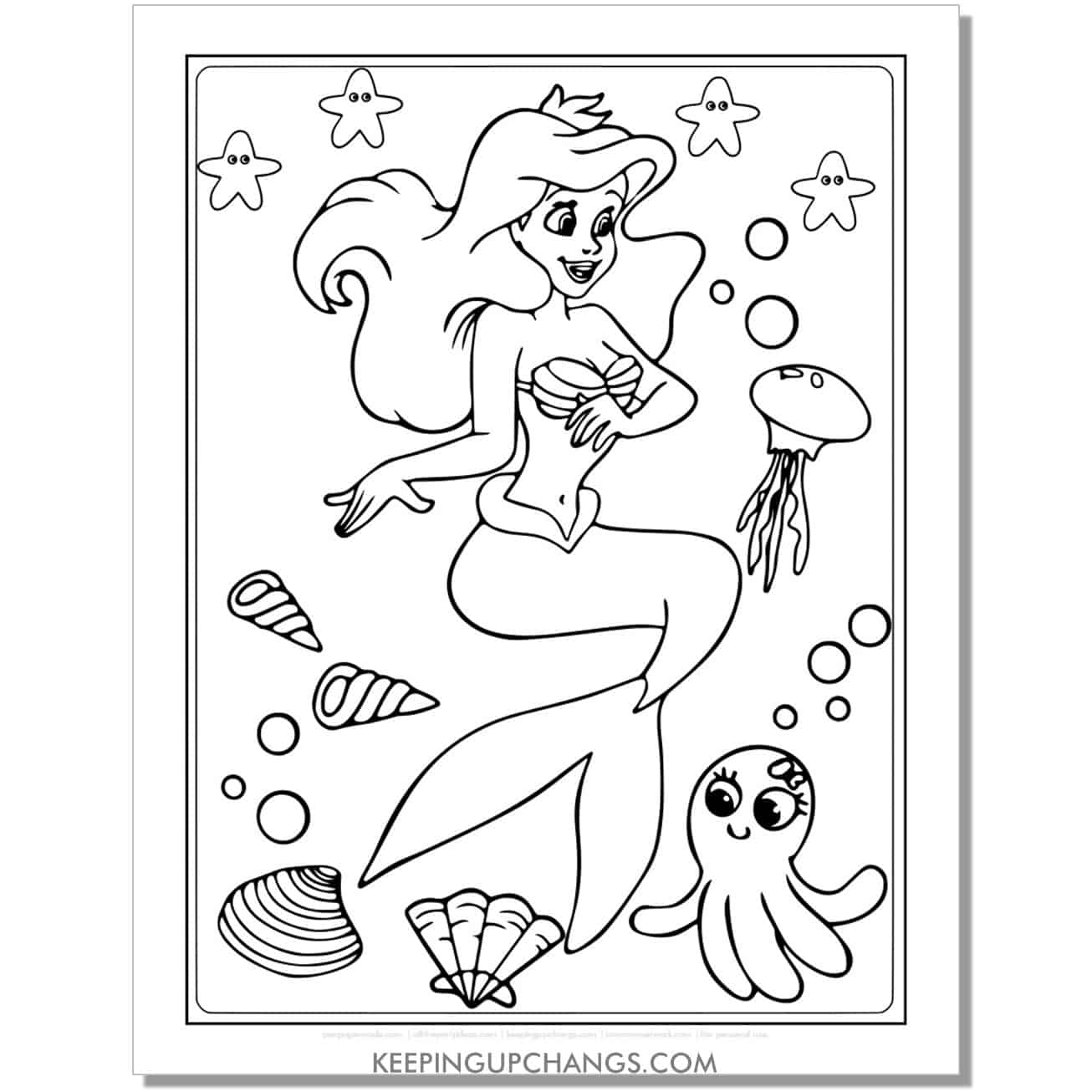 little mermaid ariel with starfish, octopus coloring page, sheet.