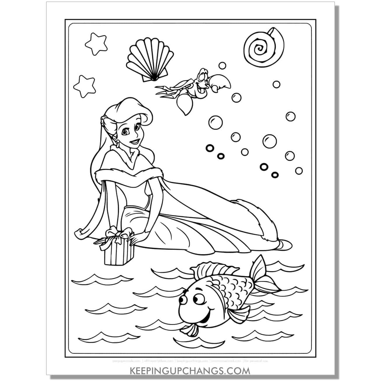 little mermaid ariel in christmas gown dress coloring page, sheet.