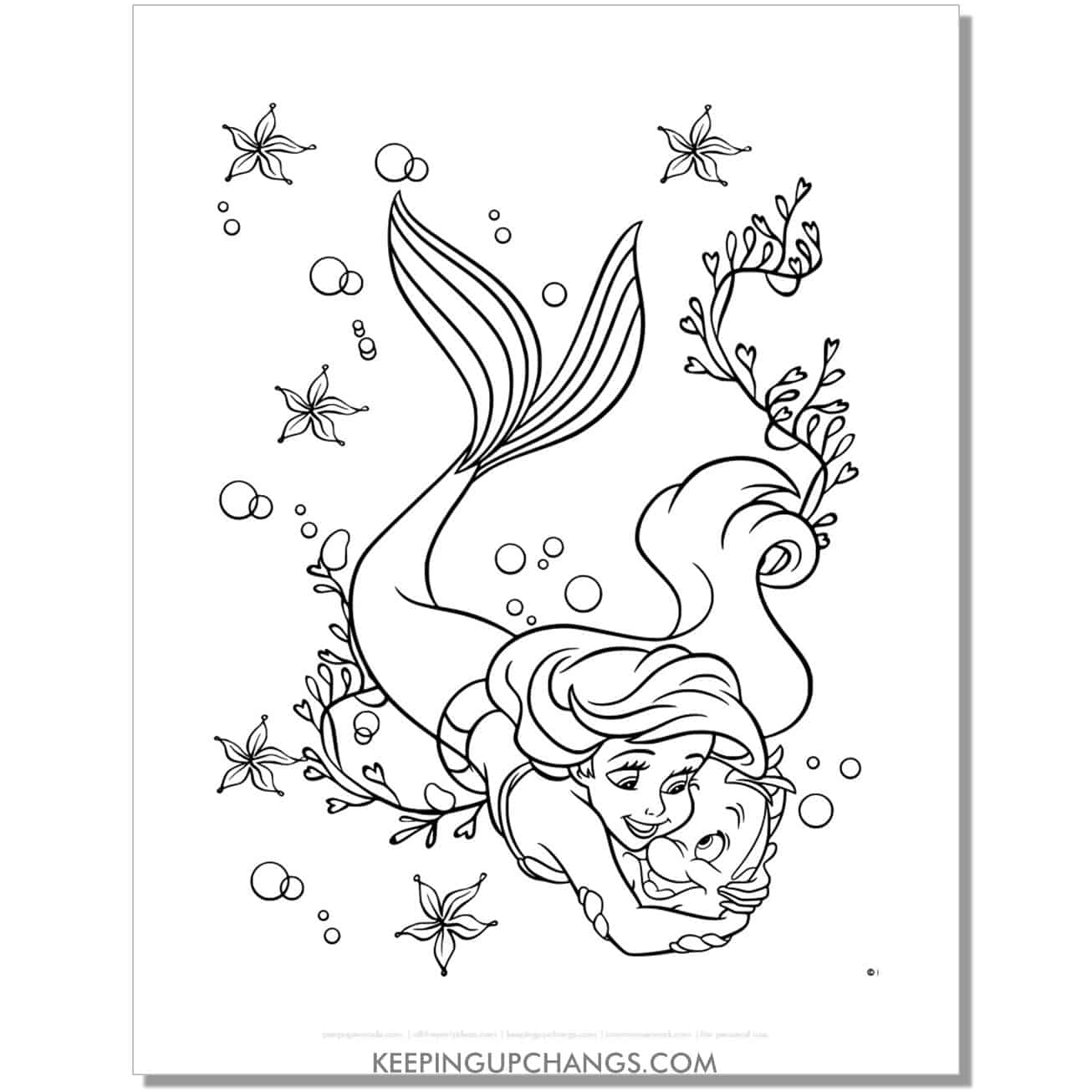 little mermaid ariel hugging flounder coloring page, sheet.