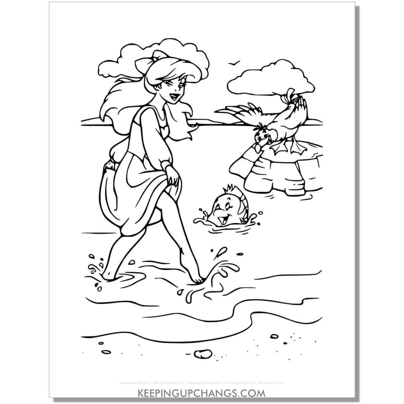 little mermaid ariel with feet on land coloring page, sheet.