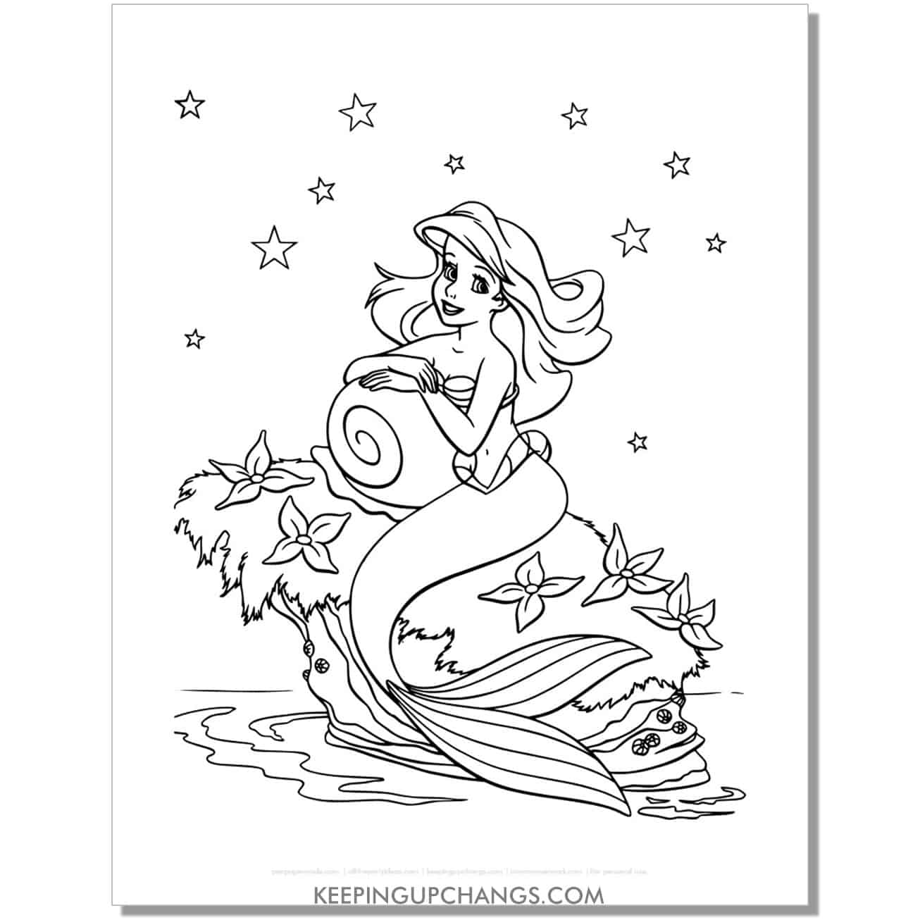 little mermaid ariel resting on island coloring page, sheet.