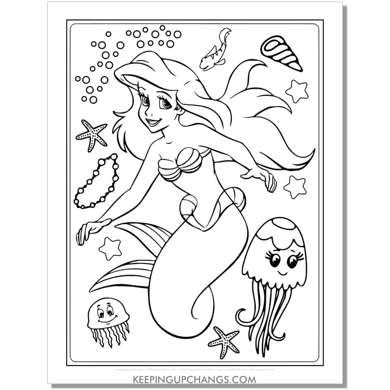 little mermaid ariel with jellyfish, necklace coloring page, sheet.