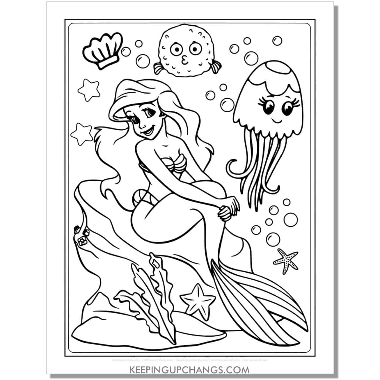 little mermaid ariel with jellyfish, pufferfish coloring page, sheet.