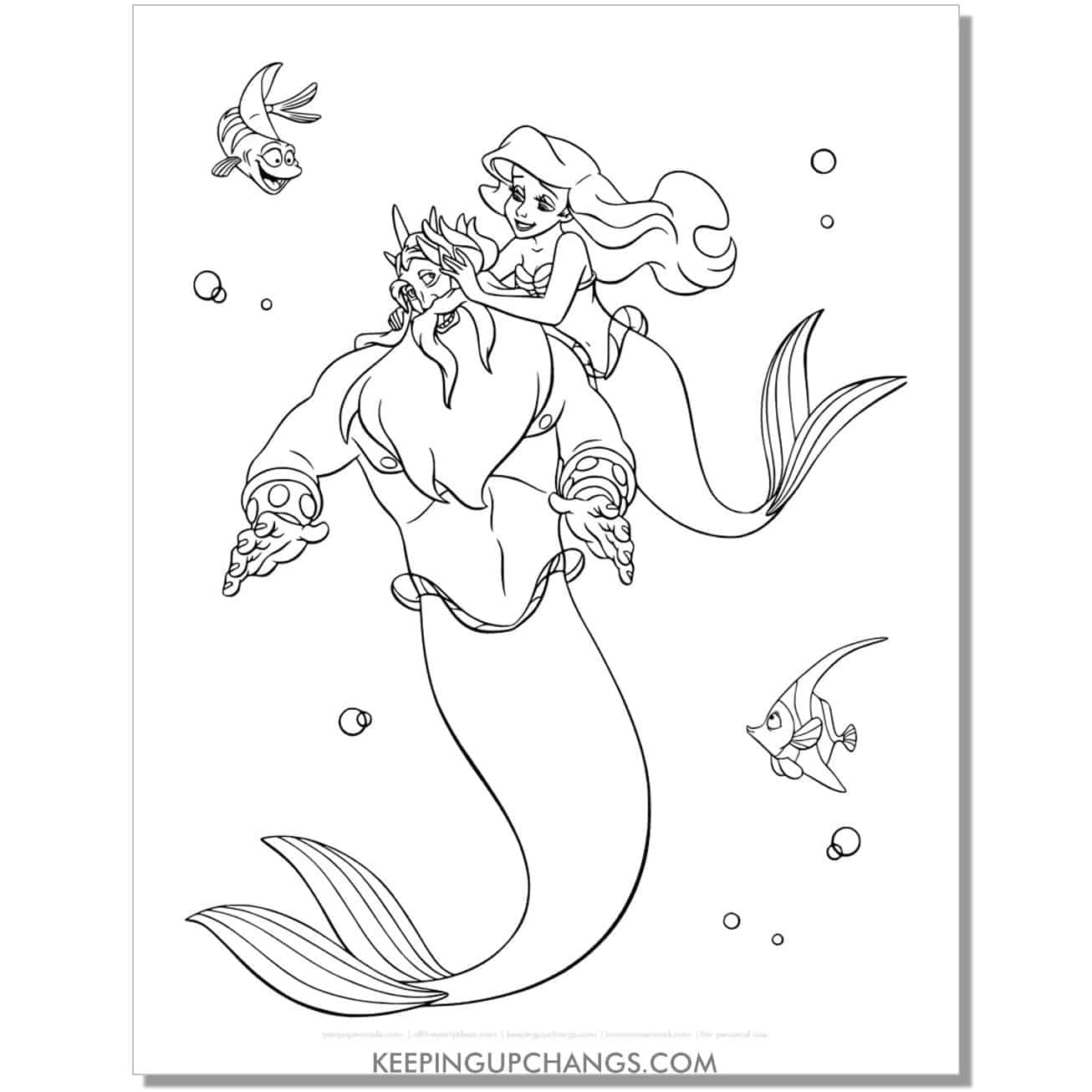 little mermaid ariel with father, king triton coloring page, sheet.