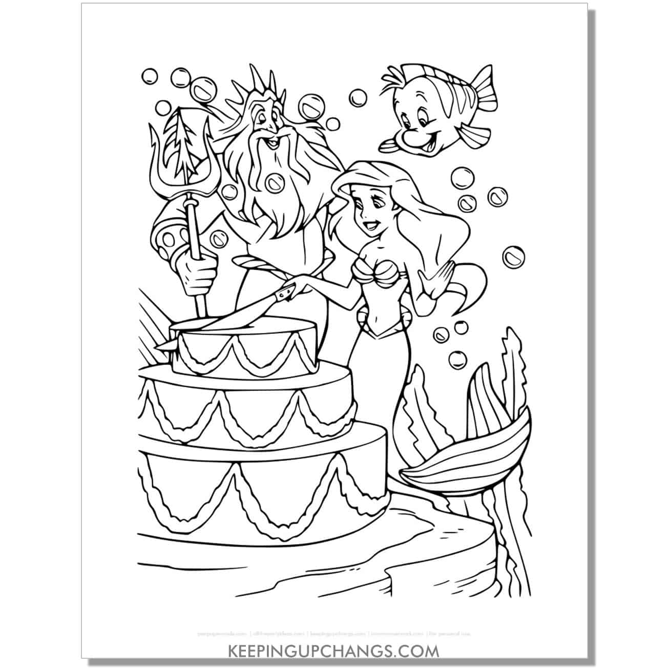 little mermaid ariel cuts wedding cake with king triton coloring page, sheet.
