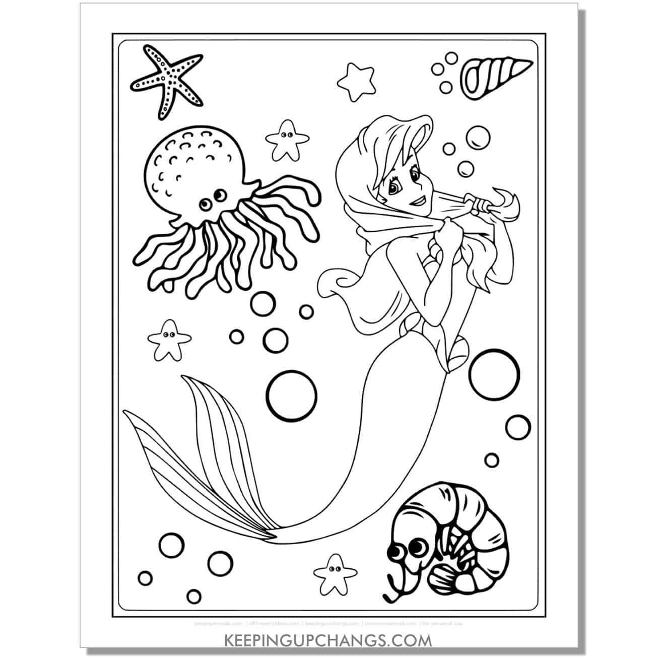 little mermaid ariel pulling softly on hair coloring page, sheet.