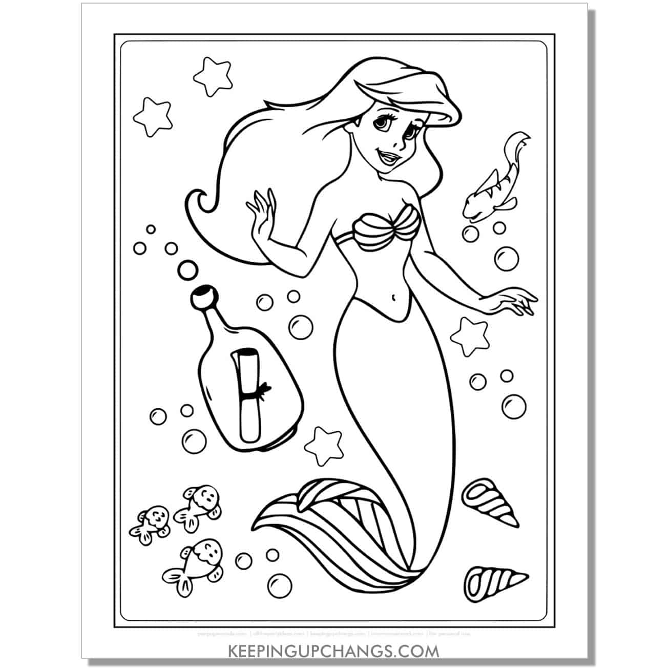 little mermaid ariel with message in bottle coloring page, sheet.