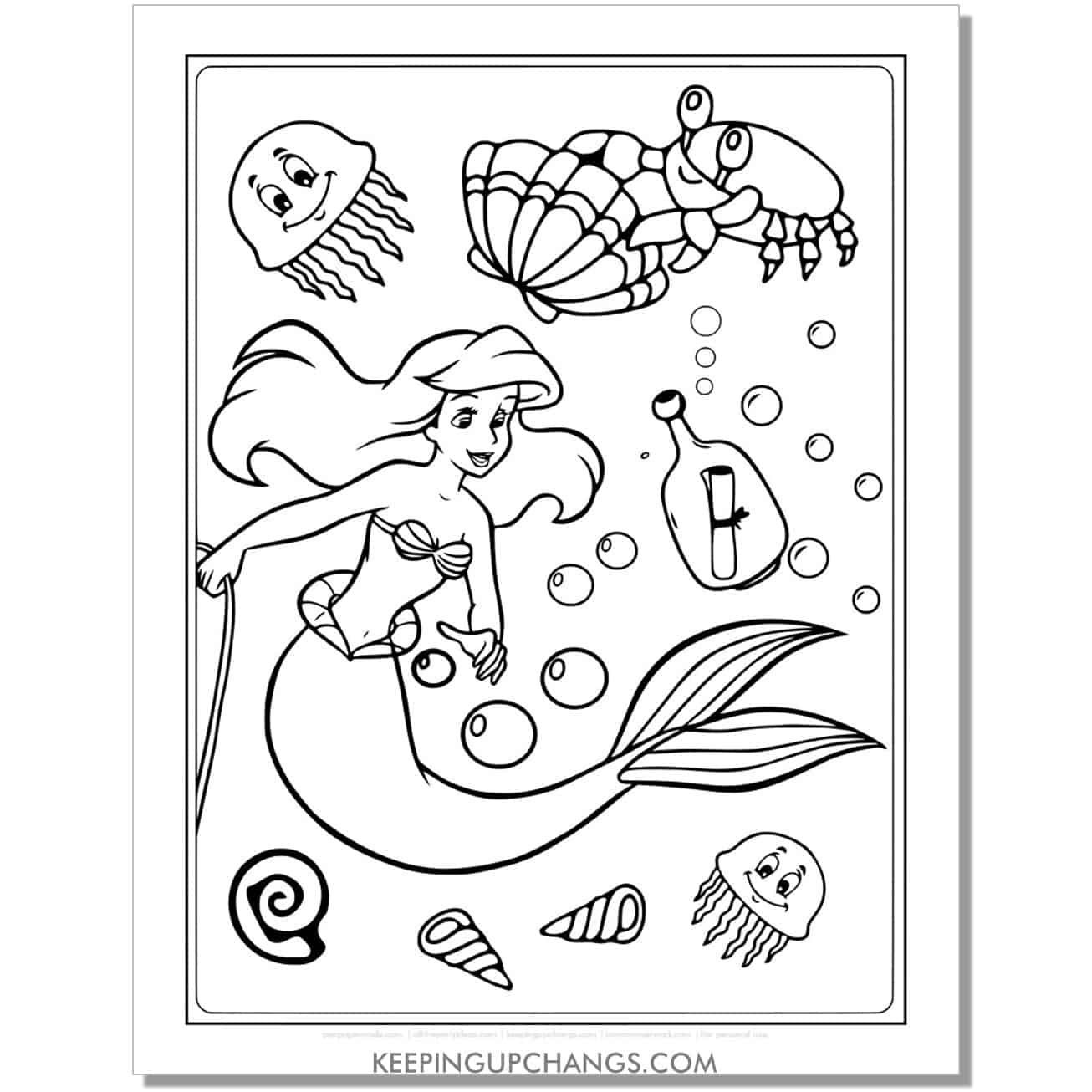 little mermaid ariel finds message in bottle coloring page, sheet.