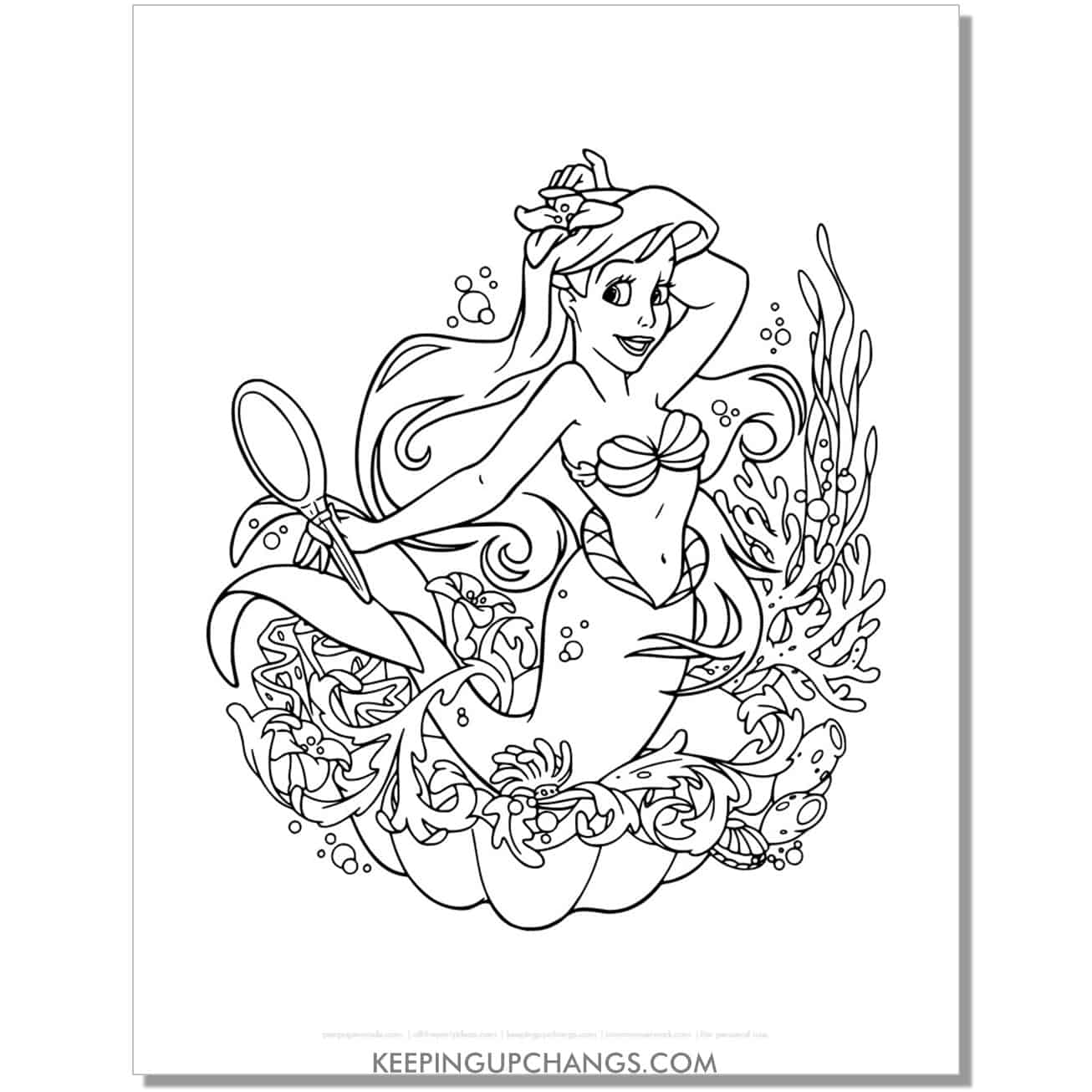 little mermaid ariel with mirror in clamshell coloring page, sheet.