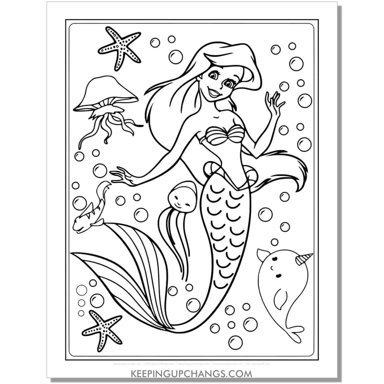 little mermaid ariel with narwhal, jellyfish coloring page, sheet.