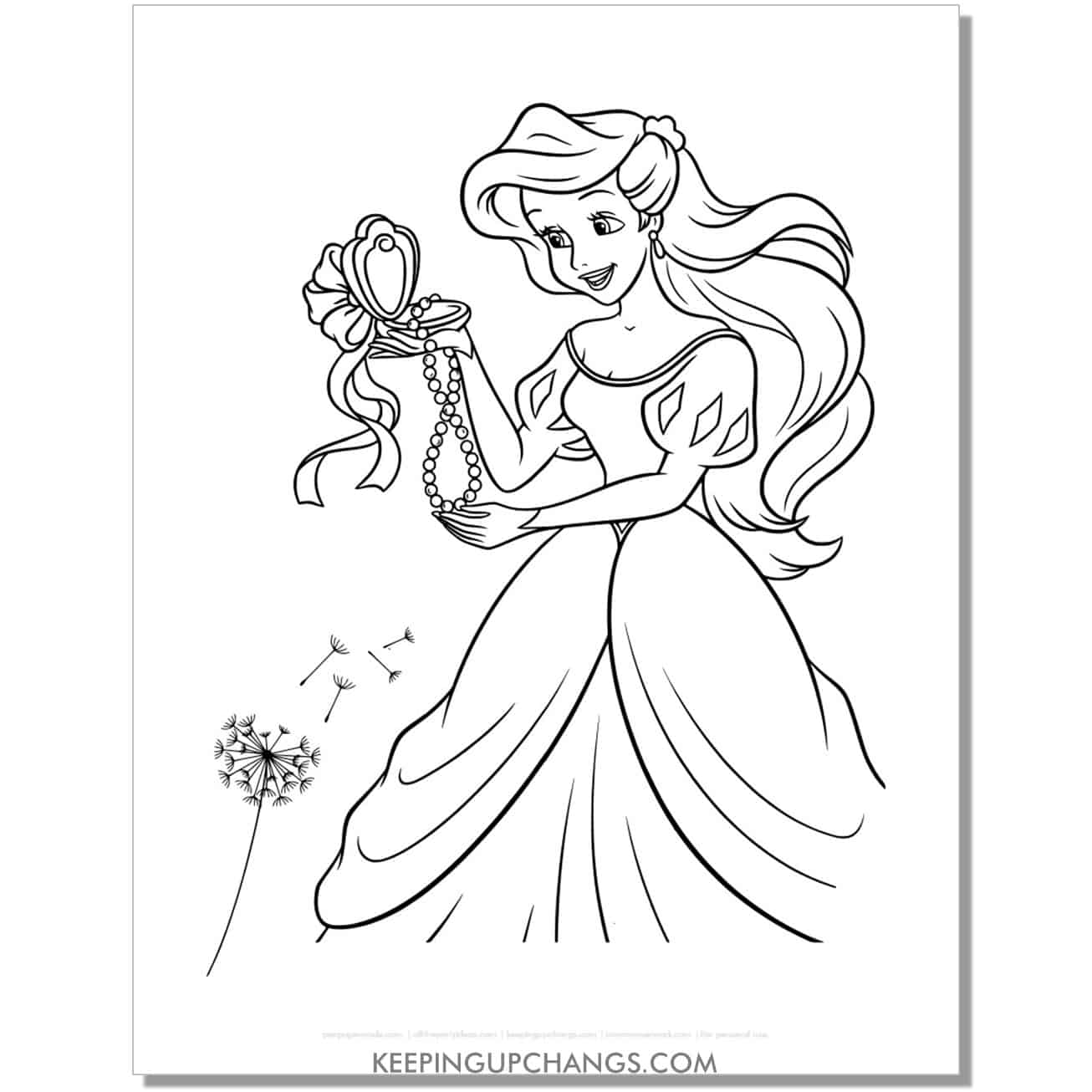 little mermaid ariel with pearl necklace, compact mirror coloring page, sheet.
