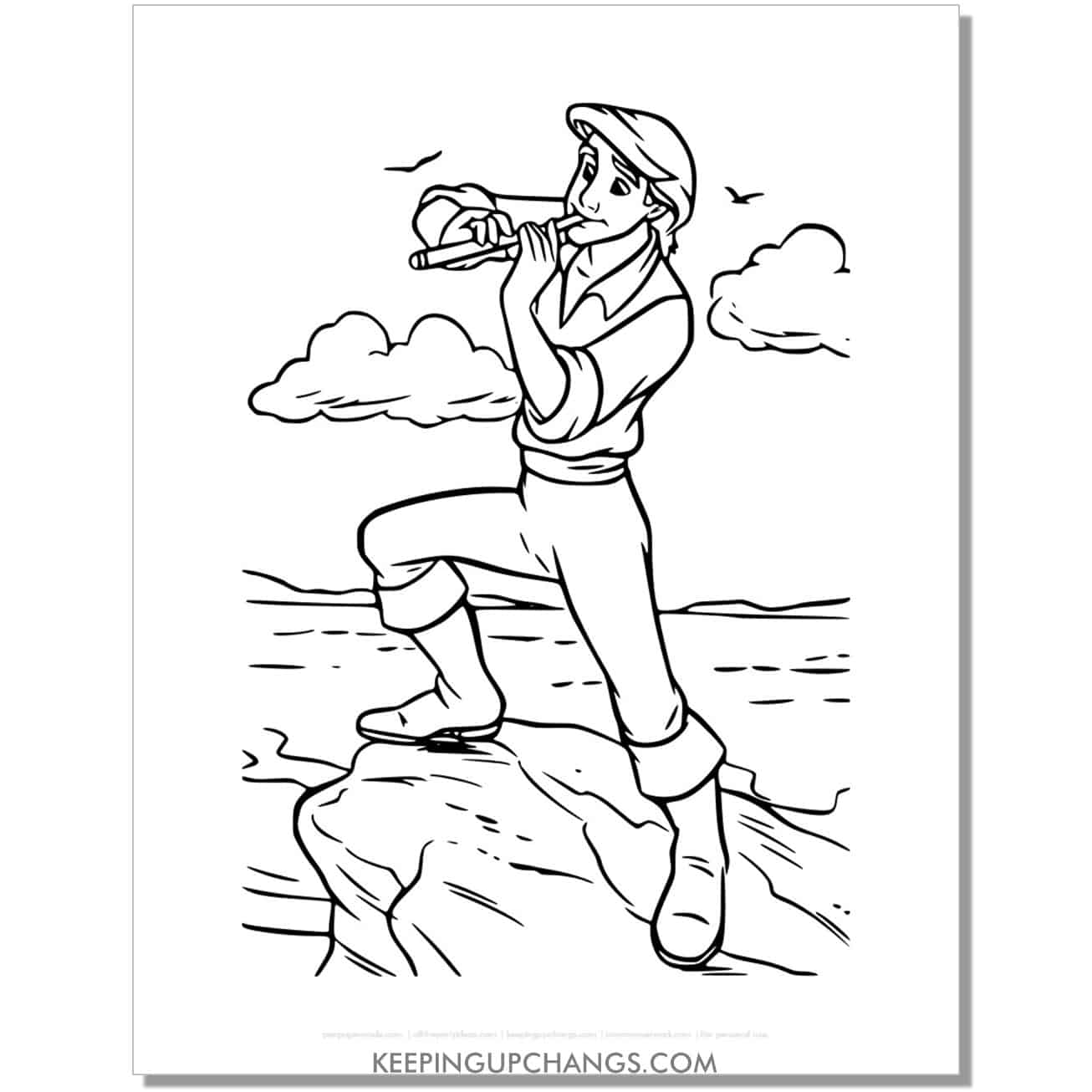 little mermaid prince eric playing music on flute coloring page, sheet.